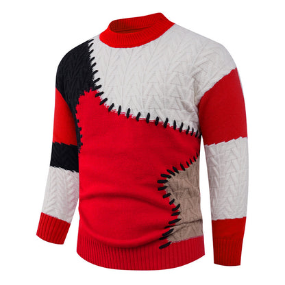 Men's Stylish Knit Sweater with Creative Patchwork Design Skorter