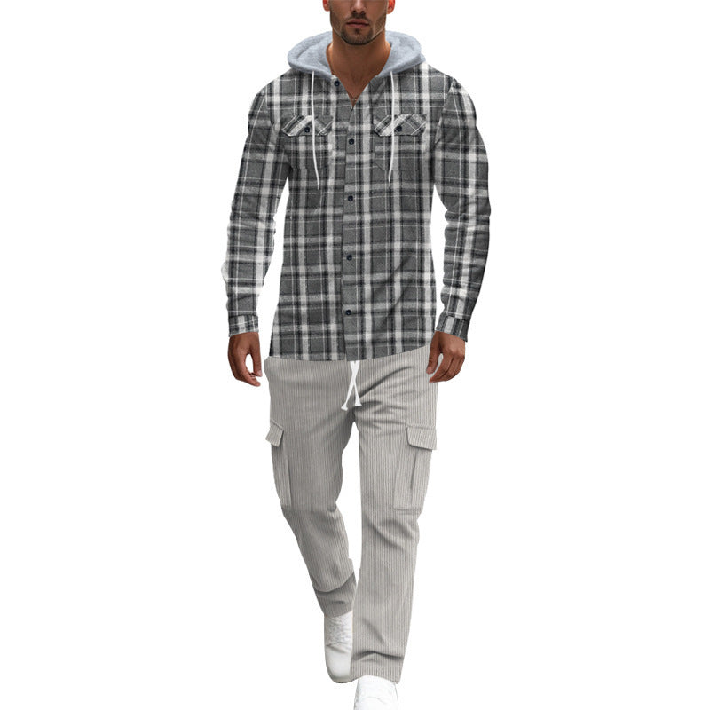 Men's plaid leisure shirt with hood and practical kangaroo pockets Skorter