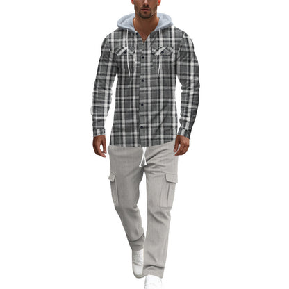 Men's plaid leisure shirt with hood and practical kangaroo pockets Skorter