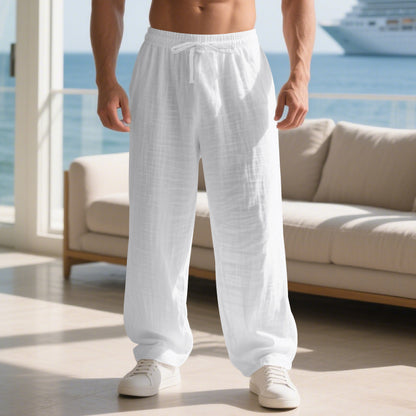 Men's relaxed linen trousers with elastic waistband and loose fit Skorter