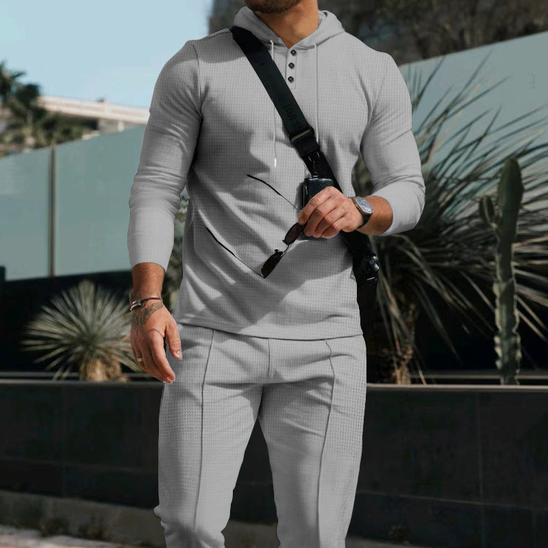 Men's Sporty Long Sleeve Hoodie with Button Placket and Textured Design Skorter