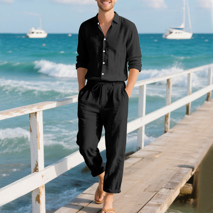 Herrbyxor i luftigt linne med justerbar midja och sidfickor Skorter