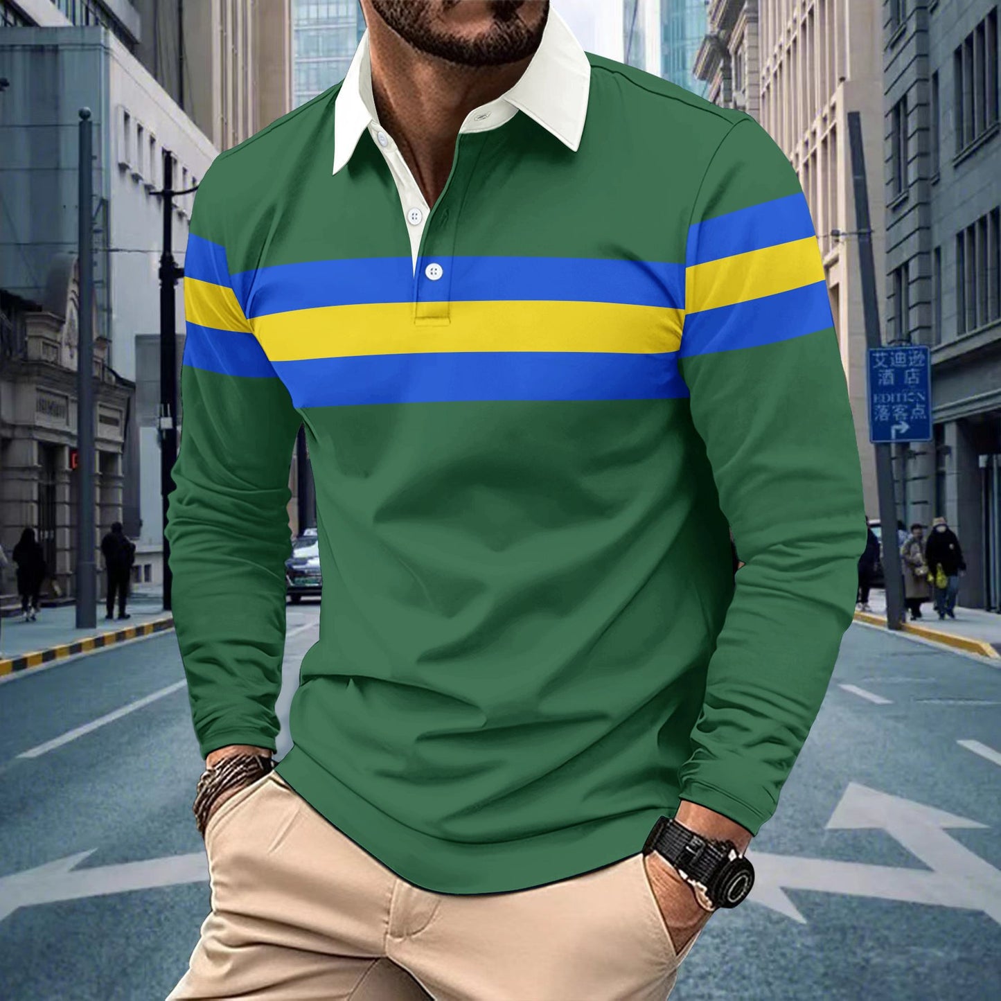 Men's Sporty Long Sleeve Shirt with Colorful Stripes Skorter
