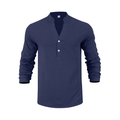Men's long-sleeve shirt with fashionable stand-up collar and elegant button details Skorter