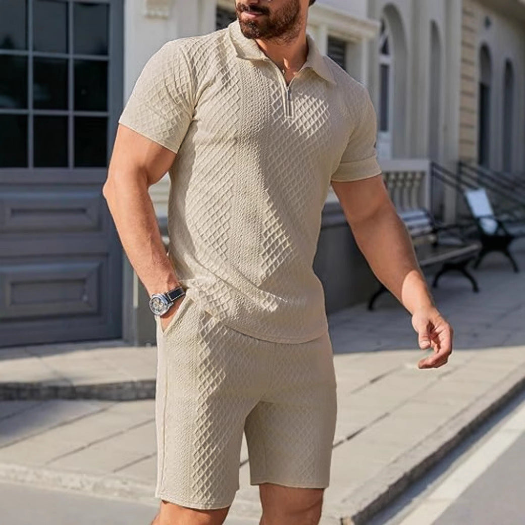Men's sporty short sleeve set with zipper and knit pattern Skorter