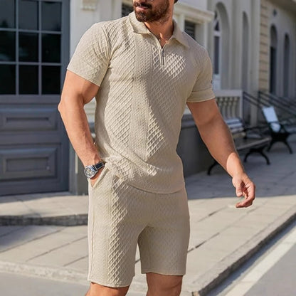 Men's sporty short sleeve set with zipper and knit pattern Skorter
