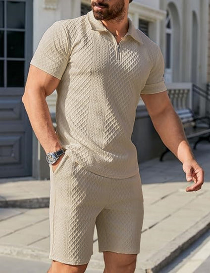 Men's sporty short sleeve set with zipper and knit pattern Skorter