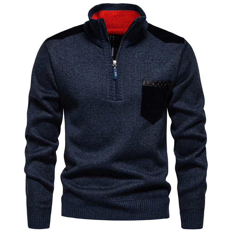 Men's Stand Collar Sweater with Contrasting Details and Practical Pockets Skorter