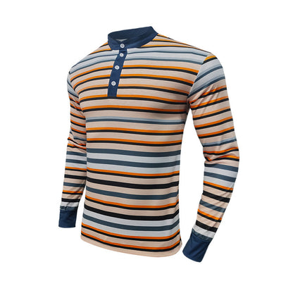 Men's Long Sleeve Shirt with Textured Striped Pattern and Sporty Collar Skorter