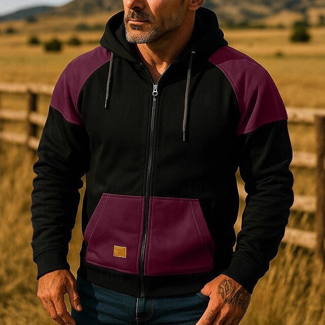 Herr sportjacka med huva och färgblocksdesign, skorter