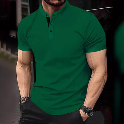 Men's stylish short-sleeve shirt with modern stand-up collar and decorative buttons Skorter