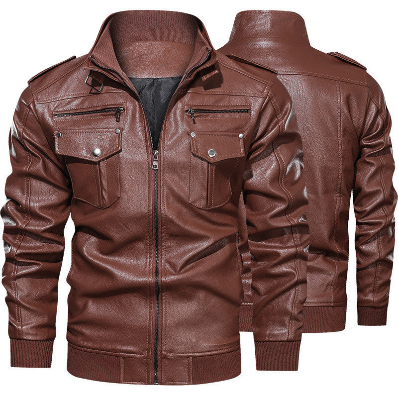 Men's Biker Jacket Made Of Artificial Leather with Numerous Pockets and Stand-Up Collar Skorter