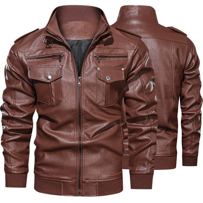 Men's Biker Jacket Made Of Artificial Leather with Numerous Pockets and Stand-Up Collar Skorter