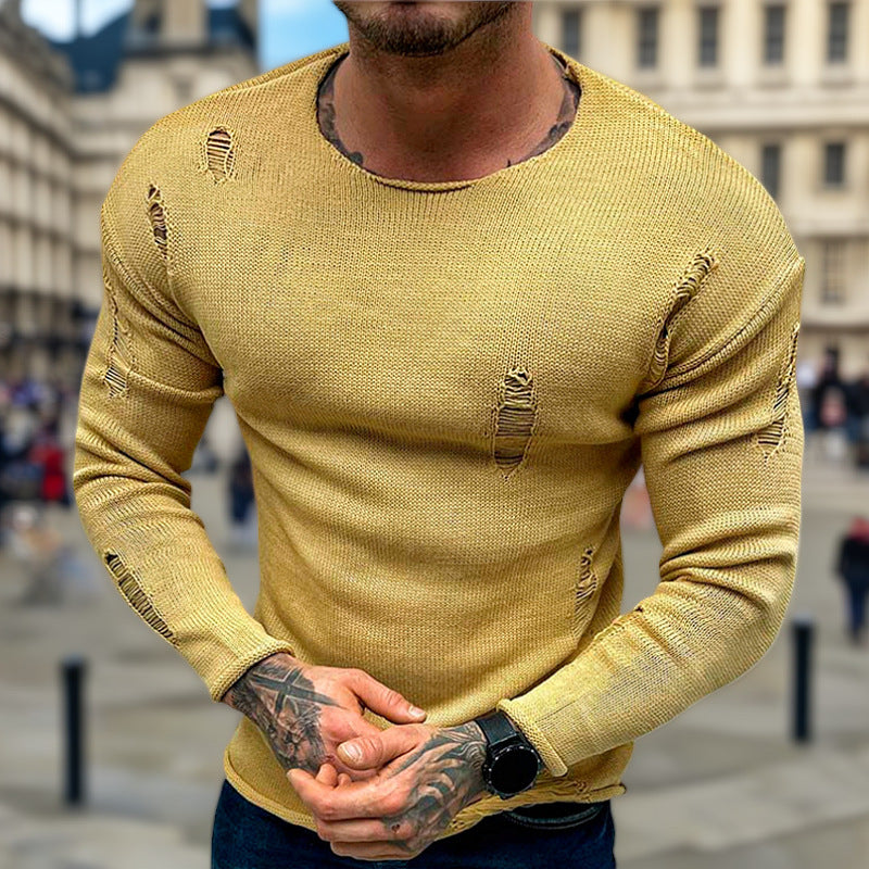 Men's Stylish Round Neck Sweater with Frayed Details Skorter