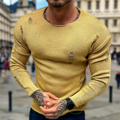 Men's Stylish Round Neck Sweater with Frayed Details Skorter