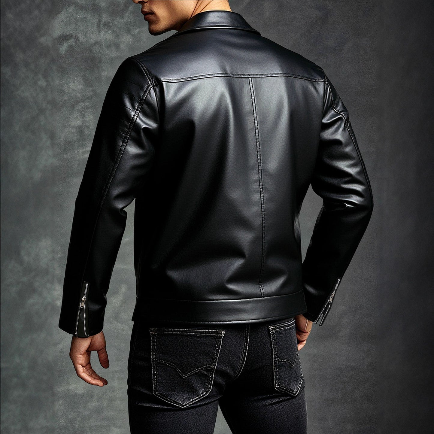 Herr bikerjacka i skinn med asymmetrisk dragkedja och praktiska fickor Skorter