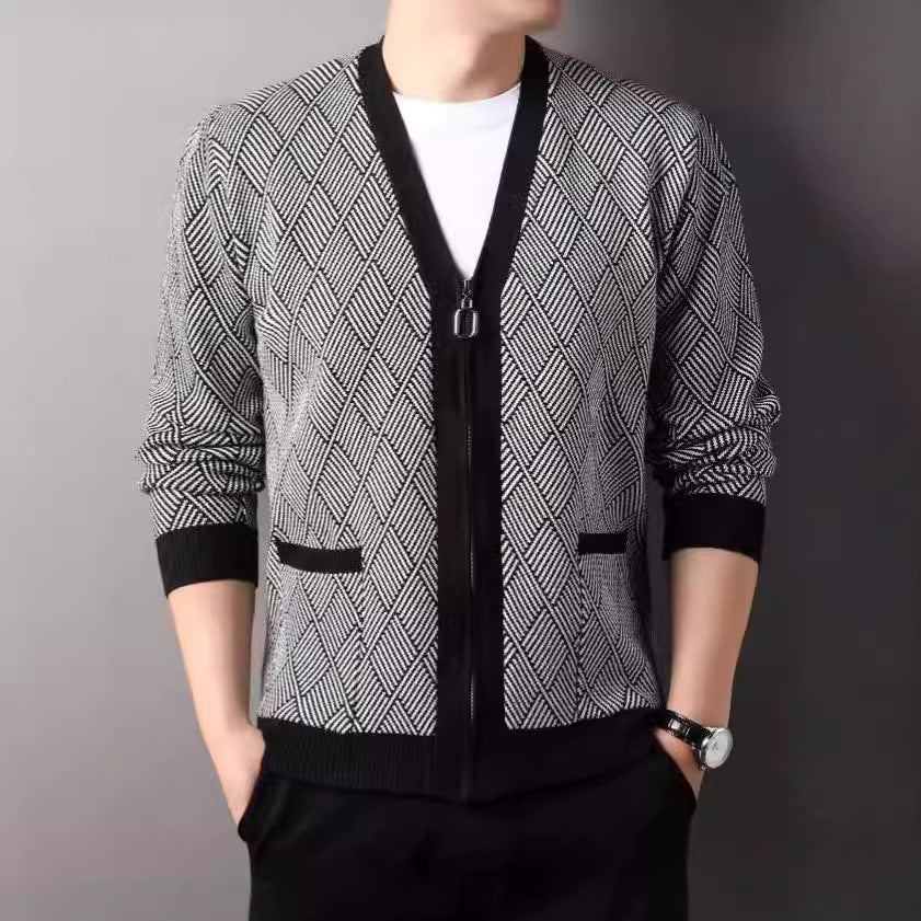 Men's cardigan with modern diamond pattern and high collar Skorter