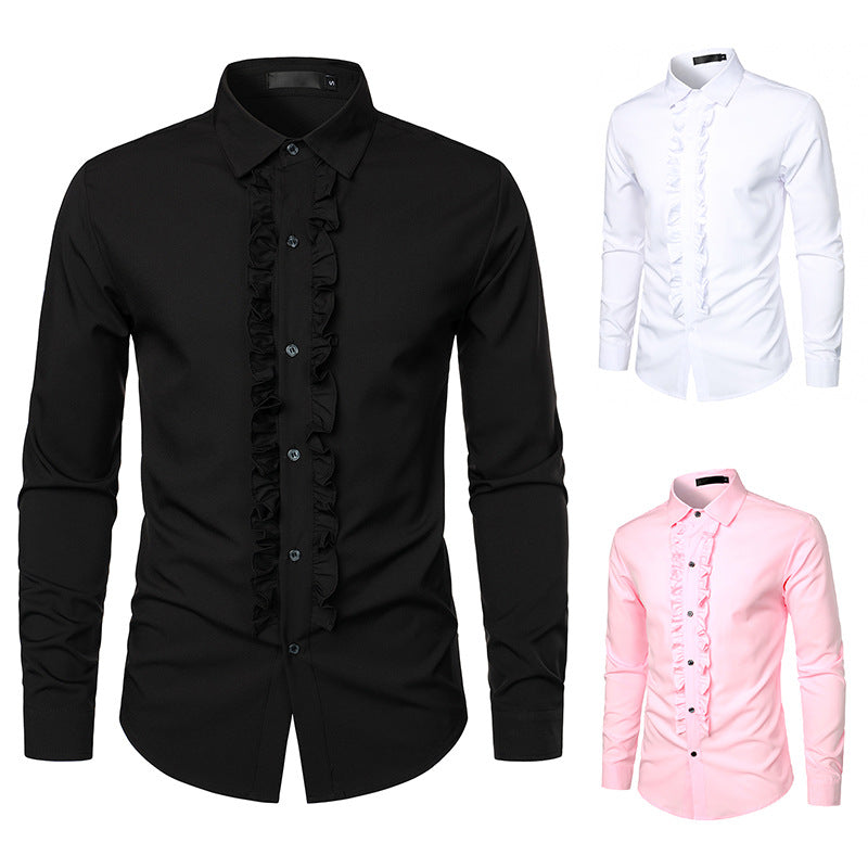 Men's elegant wedding blouse with ruffles and button detail Skorter