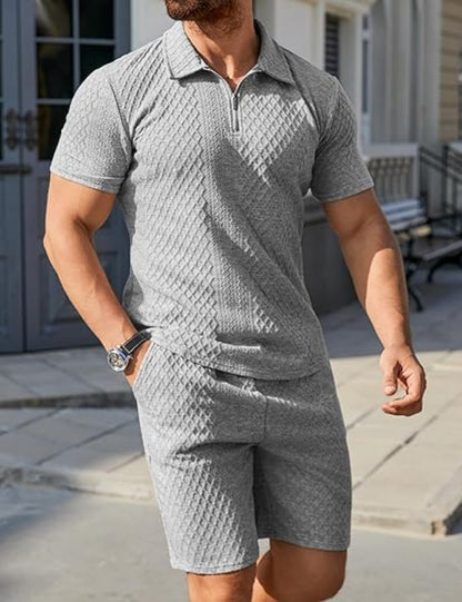 Men's sporty short sleeve set with zipper and knit pattern Skorter