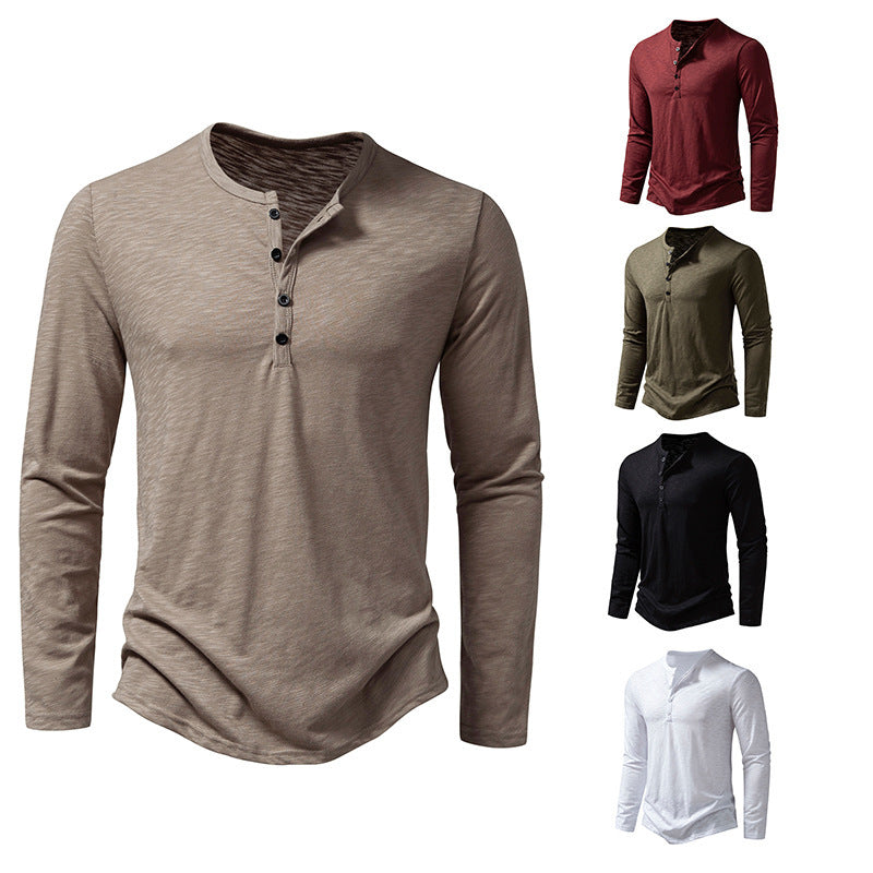 Men's Long Sleeve T-Shirt with Button Placket and Fashionable Stand-up Collar Skorter