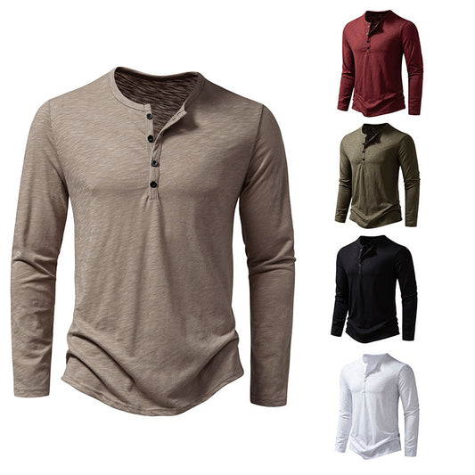 Men's Long Sleeve T-Shirt with Button Placket and Fashionable Stand-up Collar Skorter