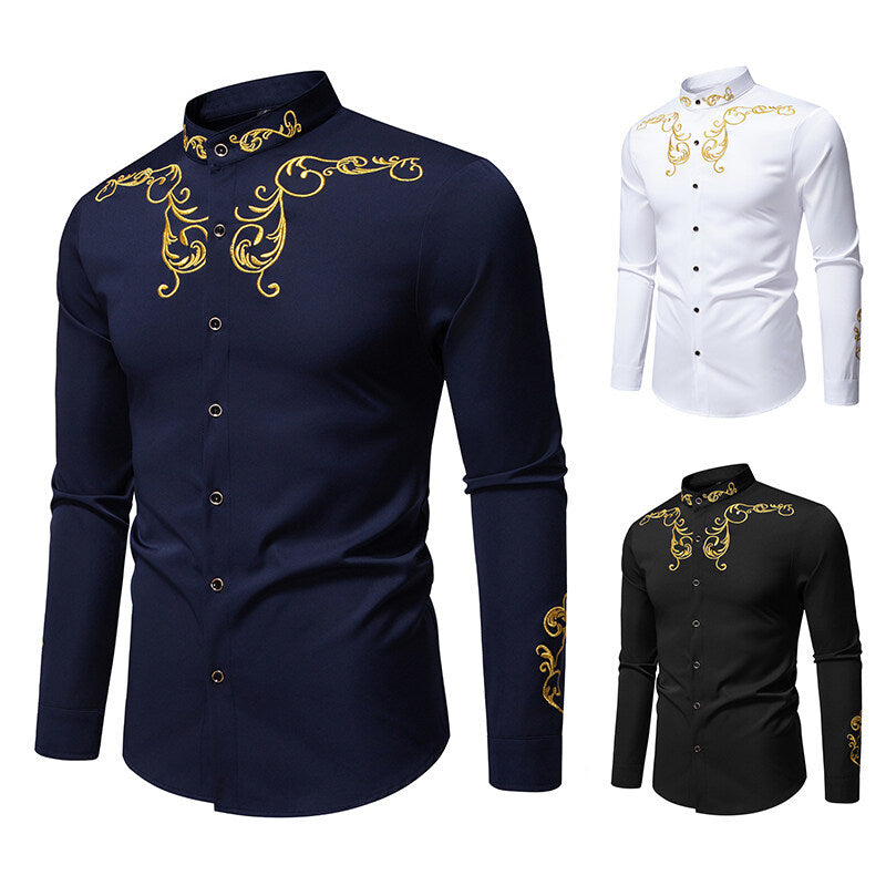 Men's Long Sleeve Shirt with Elegant Embroidery Design Skorter