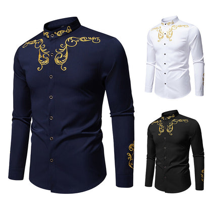 Men's Long Sleeve Shirt with Elegant Embroidery Design Skorter