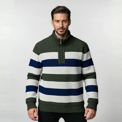 Men's stylish knitted sweater with half zipper and striped design Skorter