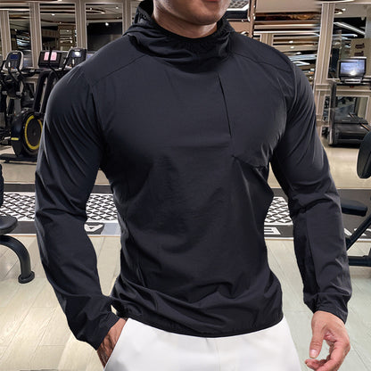 Andningsbar herrträningstopp med huva och dragkedja i fickan Skorter