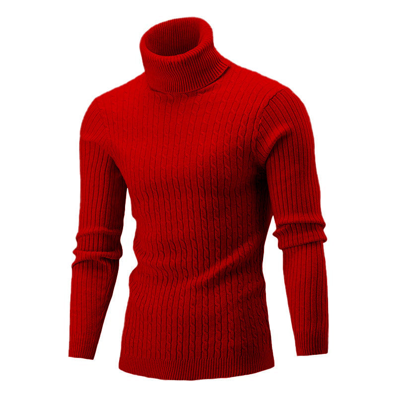 Men's Elegant Knit Sweater with Stand-Up Collar and Fine Cable Knit Pattern Skorter