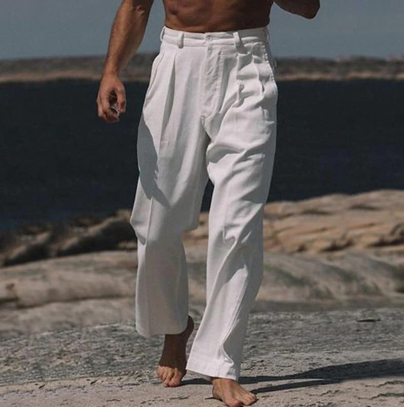 Men's elegant linen trousers with wide cut and high wearing comfort Skorter