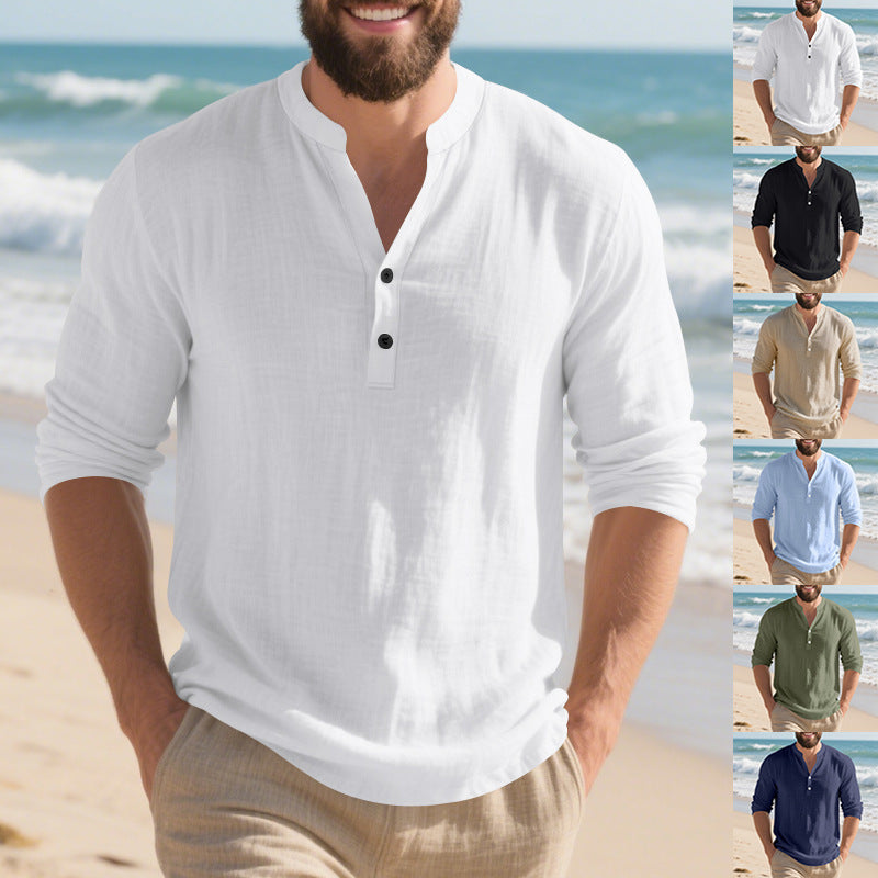 Men's long-sleeve shirt with fashionable stand-up collar and elegant button details Skorter