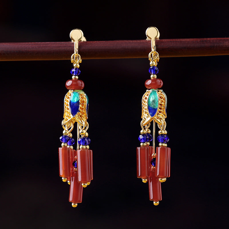 Skorter | Ethnic Style Retro Red Agate Tassel Fashion Sense Earrings