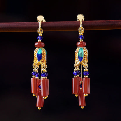 Skorter | Ethnic Style Retro Red Agate Tassel Fashion Sense Earrings