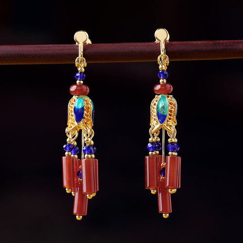 Skorter | Ethnic Style Retro Red Agate Tassel Fashion Sense Earrings