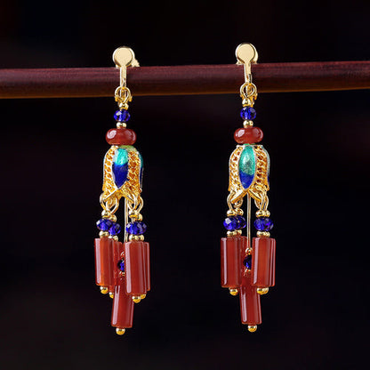 Skorter | Ethnic Style Retro Red Agate Tassel Fashion Sense Earrings
