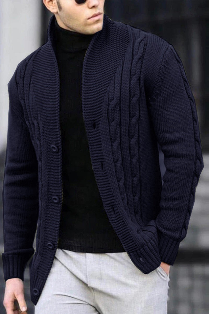 Men's Cardigan with Unique Cable Pattern and Practical Pockets Skorter