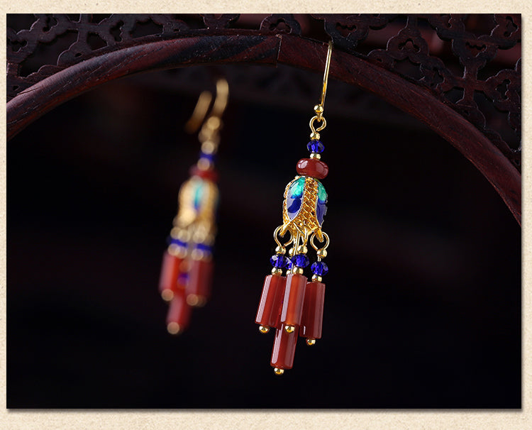 Skorter | Ethnic Style Retro Red Agate Tassel Fashion Sense Earrings