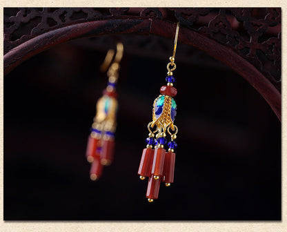 Skorter | Ethnic Style Retro Red Agate Tassel Fashion Sense Earrings