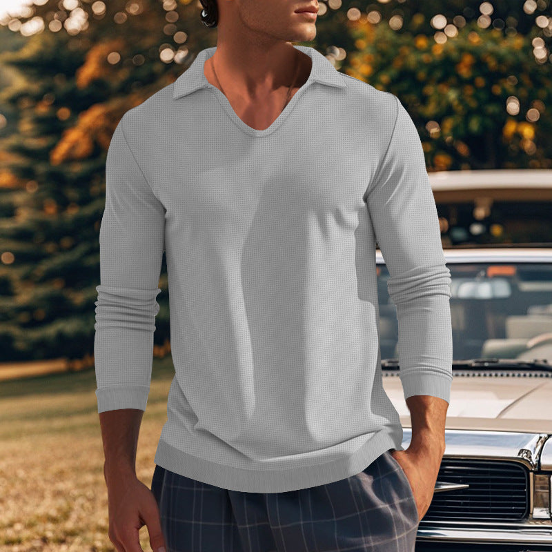 Men's Long Sleeve Shirt with Modern V-Neck and Textured Design Skorter