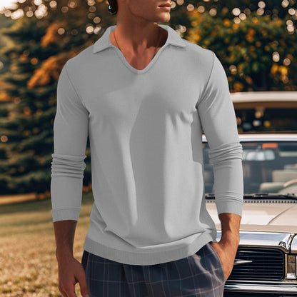 Men's Long Sleeve Shirt with Modern V-Neck and Textured Design Skorter