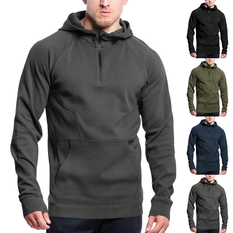 Men's Sporty Hoodie with Half Zipper and Practical Kangaroo Pocket Skorter