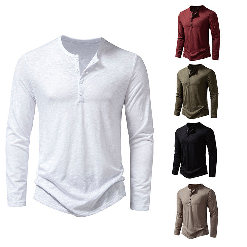 Men's Long Sleeve T-Shirt with Button Placket and Fashionable Stand-up Collar Skorter