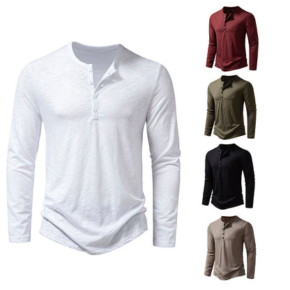 Men's Long Sleeve T-Shirt with Button Placket and Fashionable Stand-up Collar Skorter