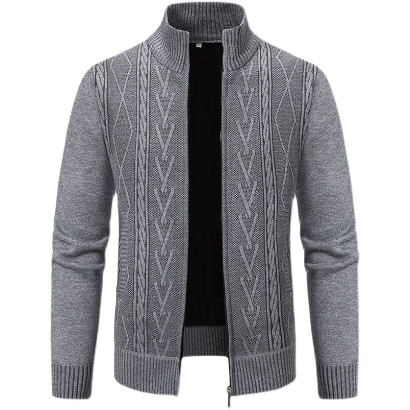 Herrkardigan med modernt kabelmönster och hög krage Skorter