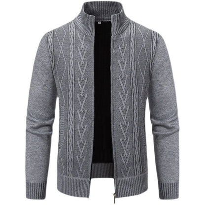 Herrkardigan med modernt kabelmönster och hög krage Skorter