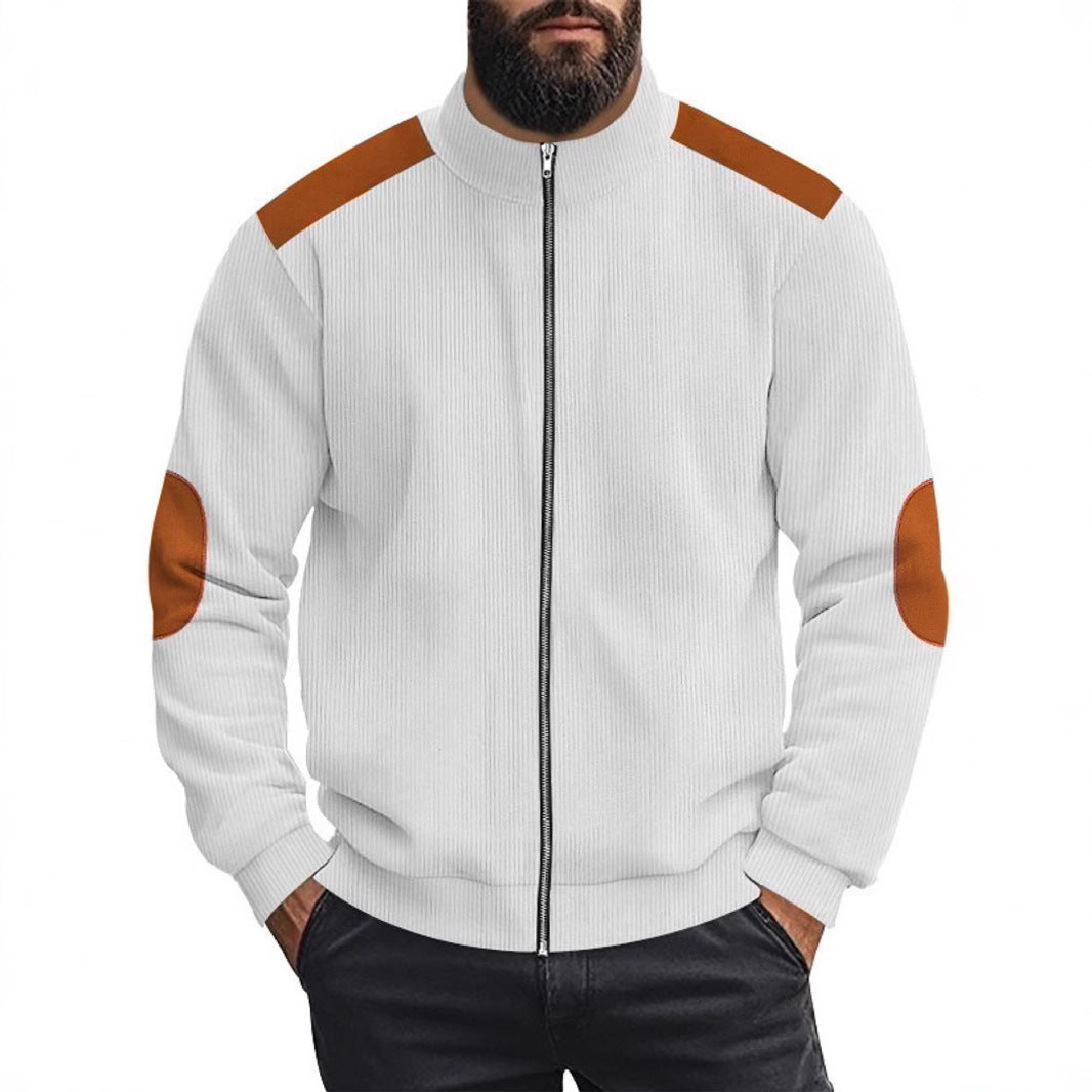 Men's cardigan with modern leather accents and high closed collar Skorter