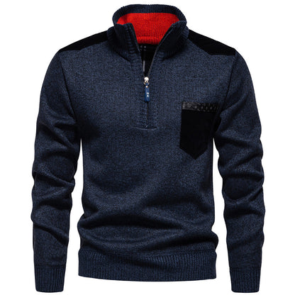 Men's Stand Collar Sweater with Contrasting Details and Practical Pockets Skorter