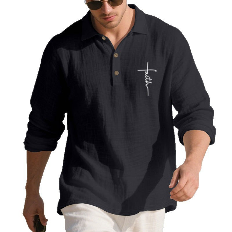 Men's long-sleeve polo shirt with textured fabric and stylish button placket Skorter