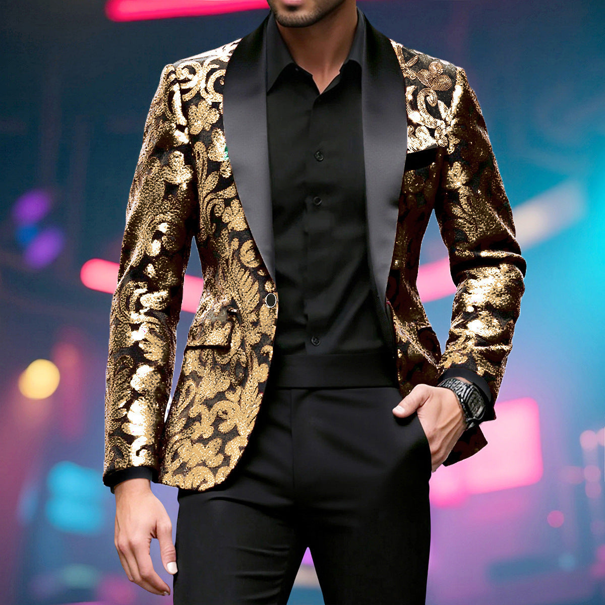 Men Sparkling Sequin Blazer with Floral Design Skorter